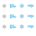 12-piece blue and silver glitter snowflake cake toppers for first birthday party - Blue
