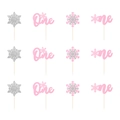 Silver snowflake and pink 'One' glitter cake toppers set for first birthday decor - Pink
