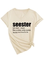 Detail of V-neck beige t-shirt with side knot and black seester dictionary print - S / Sand (Black Font)