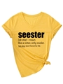 Detail of yellow V-neck T-shirt with black seester definition print and knotted hem - S / Yellow (Black Text)