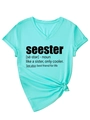 Detail view of mint green V-neck T-shirt with black letter print and side knot design - S / Deep Water Blue (Black Font)