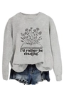 Close-up of I'd rather be reading print on grey sweatshirt tucked into denim shorts - S / Grey (Black Font)