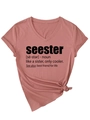 Detail of V-neck short sleeve T-shirt featuring seester print and side knot design - S / Rose Gold (Black Font)
