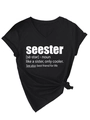 Detail of black V-neck t-shirt featuring seester text print and front knot hem detail - S / Black (White Letters)
