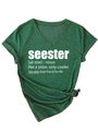 Detailed view of women V-neck short sleeve tee in dark green with seester print - S / Retro Green (White Font)