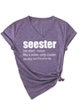 Detail of purple heather V-neck tee with seester print, rolled cuffs and side knot - S / Purple (White Font)