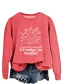 Detail of red crewneck sweatshirt with 'I'd rather be reading' book and flower print - S / Red (White Font)