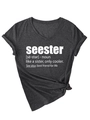 Detail of V-neck grey tee with rolled sleeves, side knot, and white seester print - S / Black Marled (White Font)