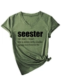 Detail of olive green V-neck T-shirt with Seester print and side knot design - S / Olive Green (Black Font)