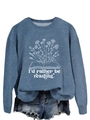 Detail of dusky blue sweatshirt with 'I'd rather be reading' book and flower print - S / Blue (White Font)