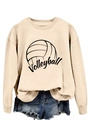 Detail view of the volleyball graphic and text print on beige crewneck sweatshirt - S / Sand (Black Font)
