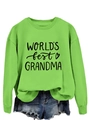 Detail of ribbed neckline and World's Best Grandma print on bright green sweatshirt - Fluorescent Green