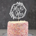 Silver glitter Mr & Mrs cake topper with geometric leaf frame for wedding party decoration - Silver
