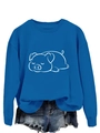 Detail van koningsblauw sweatshirt met witte varkensprint en bijpassende denim shorts - S / Meerblauw (Witte Print)