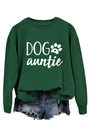 Detail of dark green dog auntie sweatshirt with white paw print and casual denim shorts - S / Dark Green (White Font)