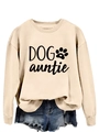 Close-up of the Dog Auntie letter print and heart paw detail on this beige sweatshirt - S / Sand (Black Font)