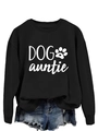 Détail du col côtelé et de l'imprimé Dog Auntie blanc sur un sweatshirt décontracté noir - S / Noir (Police Blanche)