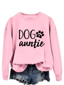 Détail d'un sweat rose à col rond avec motif DOG auntie et empreinte de patte - S / Rose (Police Noire)
