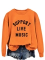 Nahaufnahme des Support Live Music Aufdrucks auf dem hellorangen Sweatshirt für Damen - S / Oranges Sweatshirt (Schwarzes Textmuster)