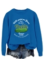 Detail van blauwe crewneck sweatshirt met augurkafbeelding en grappige Engelse tekstprint - S / Meerblauw