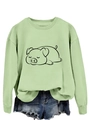 Close-up of a light green sweatshirt featuring a cute cartoon pig line art illustration - S / Olive Green (Black Print)