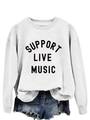 Detail of white crewneck sweatshirt featuring black Support Live Music printed lettering - S / White Sweatshirt (Black Text Pattern)