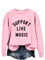 Pink crew neck sweatshirt featuring Support Live Music text paired with denim shorts - S / Pink Sweatshirt (Black Text Pattern)