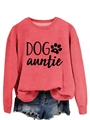 Gros plan sur l'imprimé Dog Auntie et patte sur sweat-shirt rose corail à manches - S / Rouge (Police Noire)