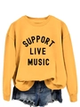 Detail of ribbed neckline and Support Live Music print on ginger yellow sweatshirt - S / Yellow Sweatshirt (Black Text Pattern)