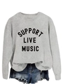 Detail of grey sweatshirt showing Support Live Music print and cotton fabric texture - S / Grey Sweatshirt (Black Text Pattern)
