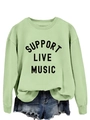 Close-up of black 'SUPPORT LIVE MUSIC' lettering on a light green crewneck sweatshirt - S / Olive Green Sweatshirt (Black Text Pattern)