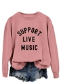 Detail of pink crewneck sweatshirt with Support Live Music print and ribbed cuffs - S / Rose Gold Sweatshirt (Black Text Pattern)
