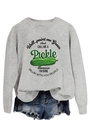Detail of grey crewneck sweatshirt with pickle graphic and blue distressed denim shorts - S / Gray