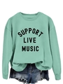 Detail of mint green sweatshirt featuring bold Support Live Music print and ribbed cuffs - S / Light Green Sweatshirt (Black Text Pattern)