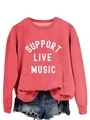 Close-up of Support Live Music white lettering on watermelon red crewneck sweatshirt - S / Red Sweatshirt (White Text Pattern)