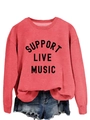 Detail of pink support live music sweatshirt showing fabric texture and black graphic print - S / Red Sweatshirt (Black Text Pattern)