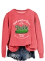 Detail of red long sleeve sweatshirt with humor pickle graphic and vintage text - S / Red
