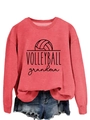 Close-up of Volleyball Grandma graphic print on coral pink long sleeve sweatshirt - S / Red (Black Font)