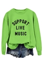 Flat lay of neon green sweatshirt featuring black Support Live Music print design - S / Neon Green Sweatshirt (Black Pattern)