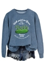 Detail of blue-grey crewneck sweatshirt with humorous pickle print and graphic text - S / Blue