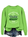 Detail of green pickle sweatshirt fabric and slogan print on loose fit cotton top - S / Fluorescent Green