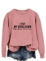 Close-up of pink long sleeve sweatshirt with black letter print and ribbed collar detail - S / Rose Gold (Black Font)