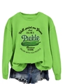 Detail of loose fit neon green sweatshirt featuring pickle graphic and humorous slogan - S / Fluorescent Green