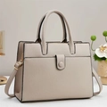 Minimalist beige pebble leather tote bag with gold hardware and shoulder strap - Khaki