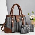 Set borse da donna 3 pezzi in tessuto intrecciato grigio con finiture in pelle marrone e oro - Nero