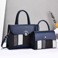 Dunkelblaues 3-teiliges Taschen-Set mit gestreiften Mustern und goldener Kette - Blau