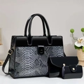Three-piece black snakeskin tote bag set with matching wallet and slim card holder - Three-Piece Set / Black