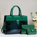 Green leather tote bag three-piece set with snakeskin pattern and gold hardware details - Three-Piece Set / Green