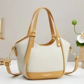 Minimalist beige and tan contrast leather crossbody bag with top handles and gold hardware - Off White