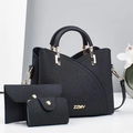 Three-piece black leather handbag set with stylish ripple texture and gold metal hardware - Handbag And Long Wallet And Card Holder / Black